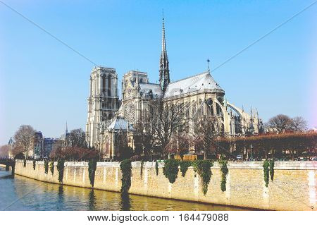 Notre Dame Cathedral In The Center Of Paris, France, On A Sunny Day