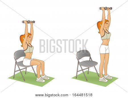 Girl performing an exercise lifting from the chair with her arms raised and a dumbbell on a white background