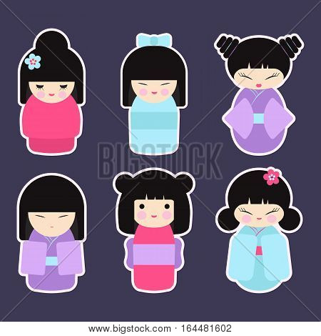Kokeshi dolls set. Flat design icon collection of kawaii Japanese girls. Vector illustration