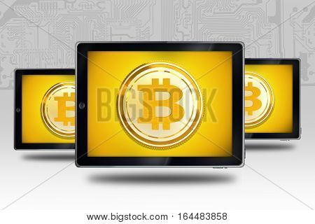 Buying Selling Bitcoin Concept. Tablet Computers with Bitcoin Symbols Illustration with 3D Rendered Elements. Bitcoin Currency.