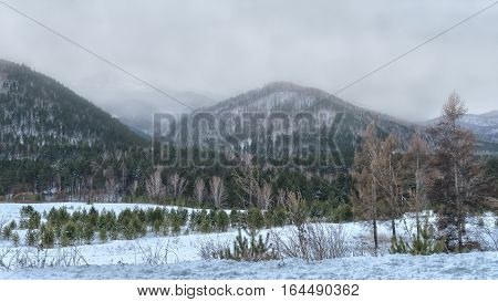 Winter landscape in Siberia in Russia Sayan mountains.