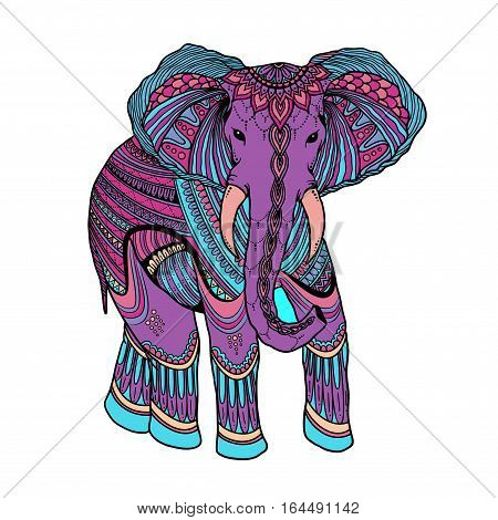 Indian Beautiful Elephant In Zentangle Ornament Asian Style. Ornate Elephant In Color Stylized Desig