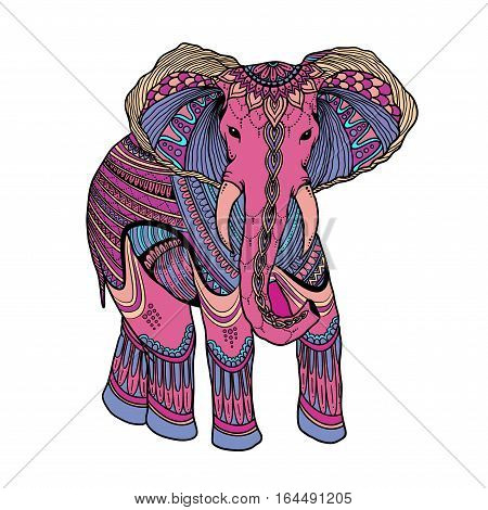 Indian Beautiful Elephant In Zentangle Ornament Asian Style. Ornate Elephant In Color Stylized Desig