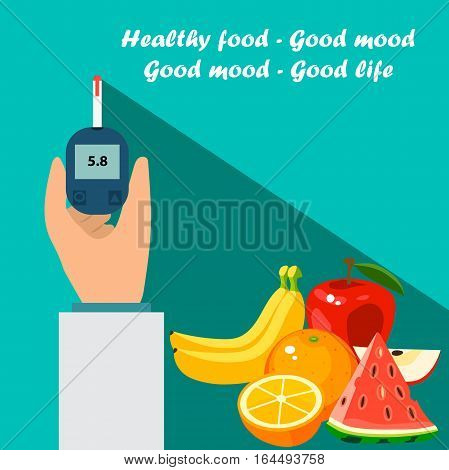 Very high quality original trendy vector flat illustration Blood test or glaucometer, glucose meter with healty food