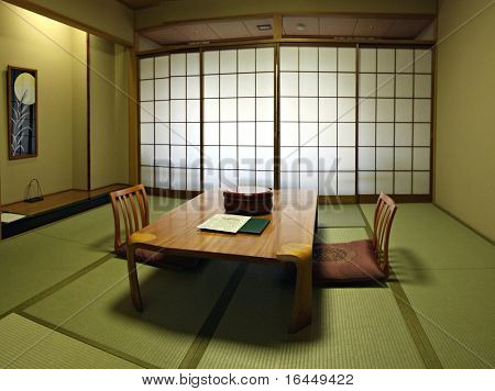 Una stanza tradizionale giapponese con stuoia di tatami verde fresco