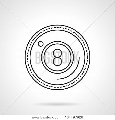 Symbol of eight-ball. Billiards pool game sign. Sphere with number 8 in circle. Luck and success in sport and hobby. Active leisure concept. Flat black line vector icon.