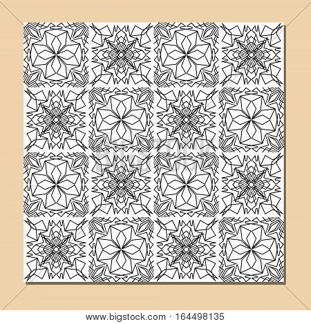 Cubist ornamental seamless tile in black and white square decorative element composed of polygonal shapes