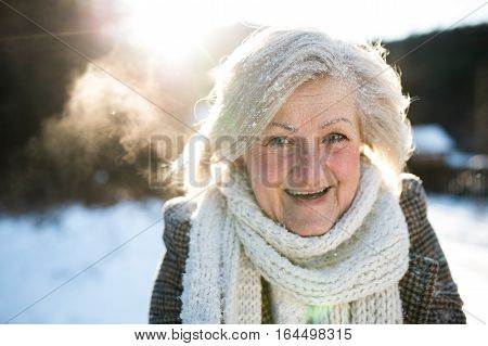 Beautiful senior woman on a walk in sunny winter nature, covered by snow.