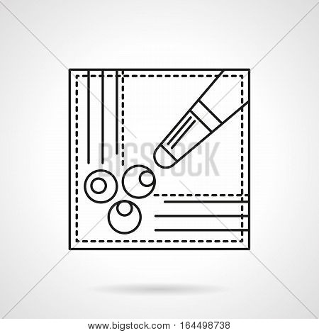Symbol of billiard table corner with three balls in hole and cue. Pool game scores, free kick sign. Sport and activity leisure concept. Flat black line vector icon.