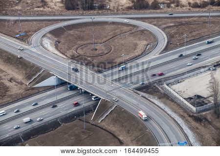 Saint-Petersburg Russia - April 4 2014: Automotive isolation ring road around the city. View from above