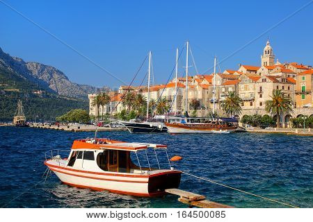 Motorboat Anchored Near Korcula Old Town, Croatia