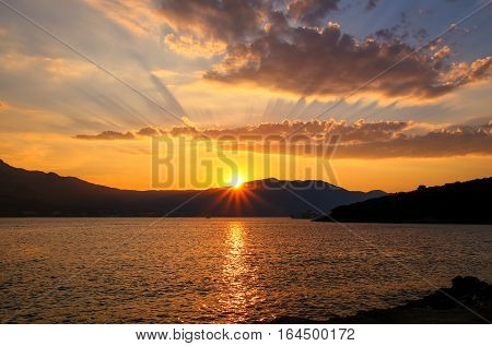 Sunrise Over Peljesac Peninsula And Peljeski Strait, Korcula, Croatia.