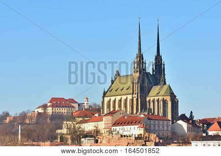 Brno - Czech Republic - Europe. Photo Architectures Sun And Blue Skies. Temple Petrov And Spilberk C