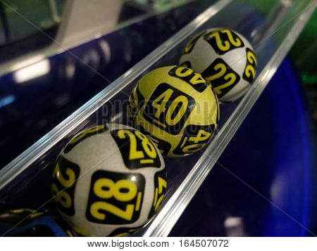 Image of lottery balls during extraction of the winning numbers.