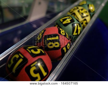 Image of lottery balls during extraction of the winning numbers.