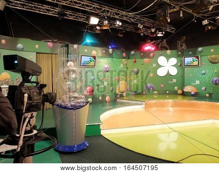 BUCHAREST ROMANIA - December 30 2015: TV studio for the extraction of the winning numbers before the New Year lottery.