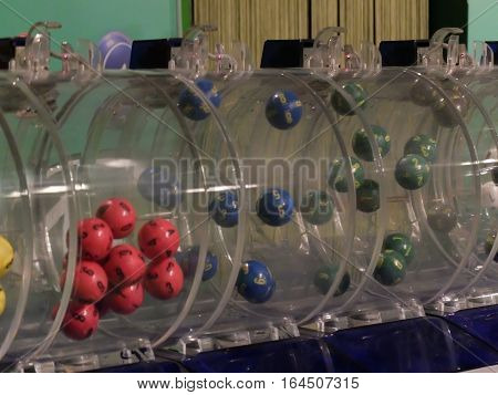 BUCHAREST ROMANIA - December 30 2015: Image of lottery balls during extraction of the winning numbers before the New Year.