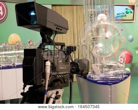 BUCHAREST ROMANIA - December 30 2015: TV studio for the extraction of the winning numbers before the New Year lottery.