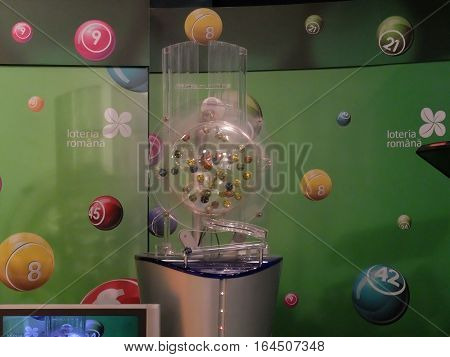 BUCHAREST ROMANIA - December 30 2015: Image of lottery balls during extraction of the winning numbers before the New Year.