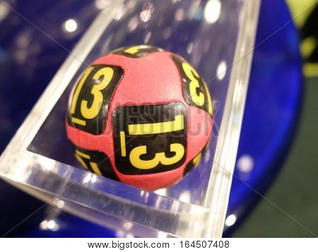 BUCHAREST ROMANIA - December 30 2015: Image of lottery balls during extraction of the winning numbers before the New Year.