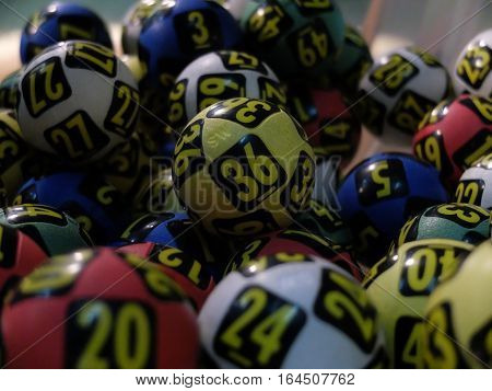 BUCHAREST, ROMANIA - December 30, 2015: Image of lottery balls during extraction of the winning numbers before the New Year.