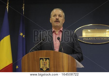 Bucharest Romania 5 December 2015: Romanian Vice Prime Minister and Minister of Regional Development and Public Administration Vasile Dincu speaks during a press conference at Bucharest Headquarters.