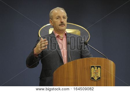 Bucharest Romania 5 December 2015: Romanian Vice Prime Minister and Minister of Regional Development and Public Administration Vasile Dincu speaks during a press conference at Bucharest Headquarters.