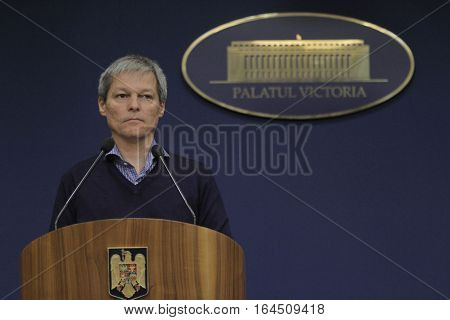 Romanian Prime Minister Dacian Ciolos holds a press conference after the first informal meeting of his cabinet at Victoria Palace in Bucharest capital of Romania Nov ember 21 2015.