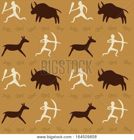 Vector Seamless Pattern with Cave Drawings Theme, hunting caveman and wild animals