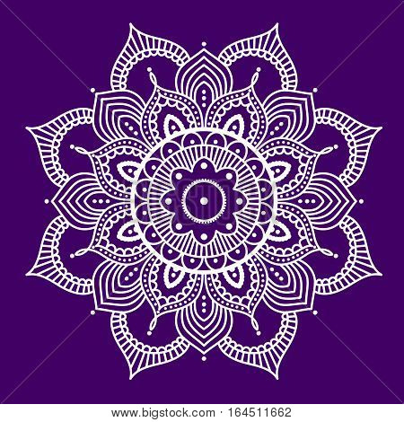 White abstract mandala on purple background, ethno motive, vector illustration, eps 10