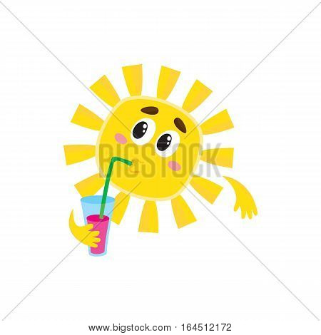 Thoughtful sun drinking cocktail through a straw, cartoon vector illustration isolated on white background. Cute and funny sun character with a soft drink, symbol of summer and vacation