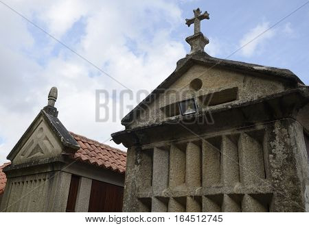 Horreos typical granaries in Combarro a village of the province of Pontevedra in the Galicia region of Spain.