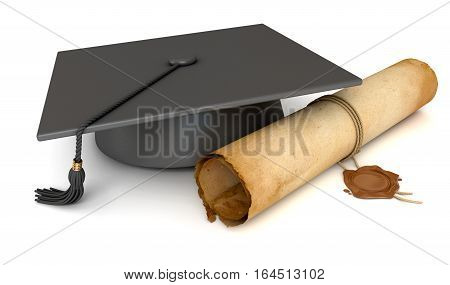 Graduation cap and diploma. Old Scroll paper with wax seal. Conceptual illustration. Isolated on white background. 3D illustration. 3D rendering
