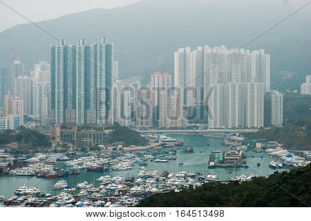 Aerial view from Victoria Peak looking north towards Victoria Harbour and Kowloon Hong Kong Asia