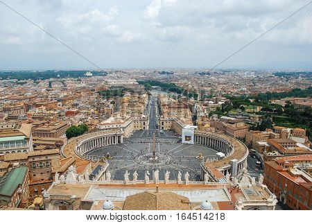 Aerial view of the buildings and streets from the roof point of The Papal Basilica of St. Peter in Vatican city Italy