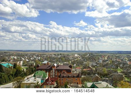Aerial view at Pochayev town in the Ternopil Oblast (province) of western Ukraine