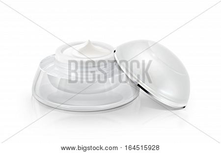 Single white rounded cosmetic jar on white background