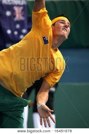 MELBOURNE, AUSTRALIA - 7 marzo: Bernard Tomic dell'Australia nella sua vittoria contro Lee Hsin-Han di T cinese