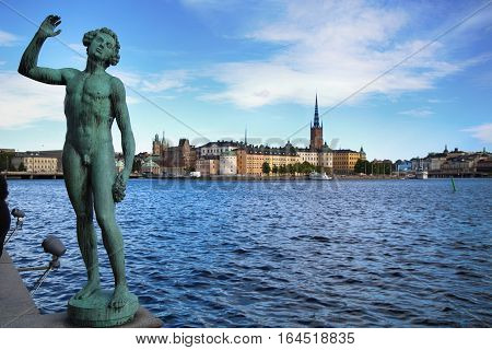 Song statue Stadshuset and View of Gamla Stan in Stockholm Sweden