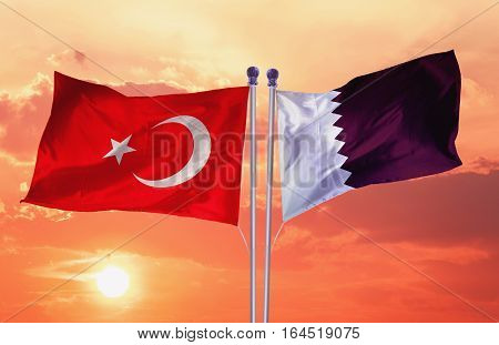 QUATAR Flag with Turkey flag, 3D rendering