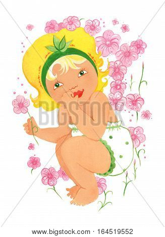 Baby sitting in flowers on a white background