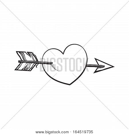 shiny cartoon heart pieced by Cupid arrow, sketch style illustration isolated on white background. Heart pierced by arrow, symbol of love, romance and passion, marriage icon