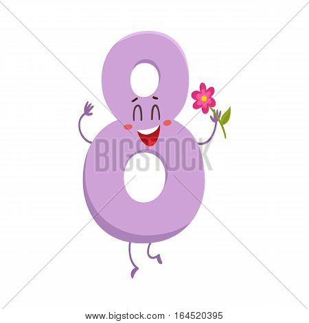 Cute and funny colorful 8 number characters, cartoon vector illustration isolated on white background. eight smiling characters, birthday greetings, anniversary