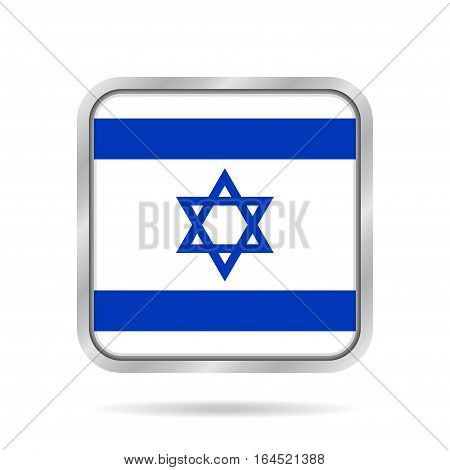 National flag of Israel. Shiny metallic gray square button with shadow.