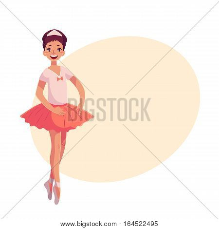 Pretty young ballerina in pink tutu standing on toes, cartoon style vector illustration on yellow background with place for text. Little ballet dancer in pink tutu, classical ballet, first position