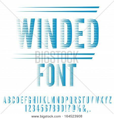 Winded stylized, blue colored retro 80 stripped looks font. Vector set