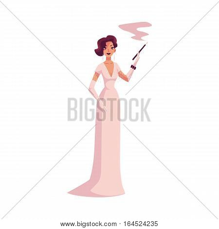 Woman in 1920s evening dress and gloves with a cigarette holder, cartoon vector illustration isolated on white background. Beautiful blond woman in evening gown at a vintage party