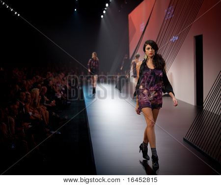 MELBOURNE, AUSTRALIA - MARCH 18: A model showcases designs by Joveeba in the 2010 L'Oreal Melbourne Fashion Festival at Central Pier, Docklands on March 18, 2010 in Melbourne, Australia