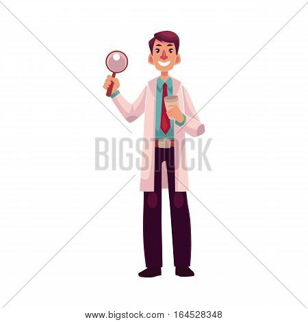 Smiling male dermatologist doctor standing with magnifying glass in one hand, cartoon vector illustration isolated on white background. Male dermatologist, healthcare professional holding magnifier