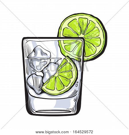 Glass of gin, vodka, soda water with ice and lime, sketch style vector illustration isolated on white background. Realistic hand drawing of transparent alcohol shot with ice rocks and lime slices